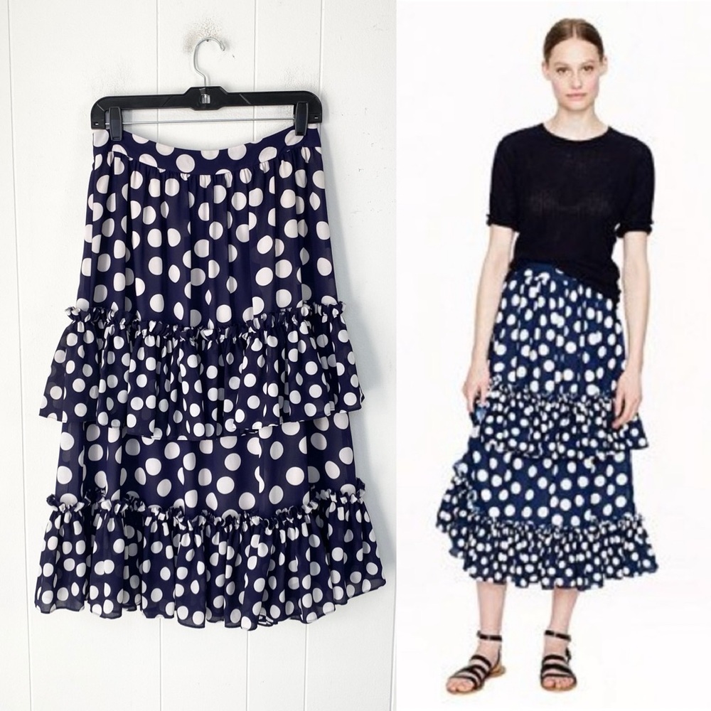 J. Crew Juan Carlos Obando‎ Maxi skirt Navy Blue   White Polka Dot Size 4 Preppy